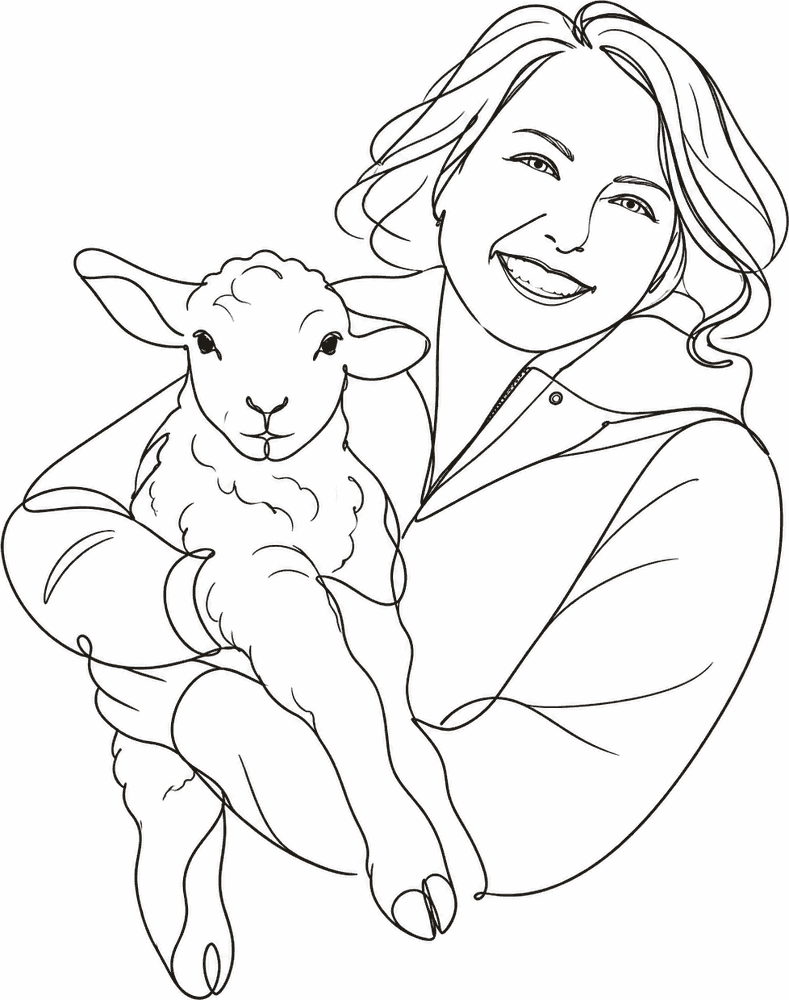 Line drawing of Katie, smiling, holding a lamb