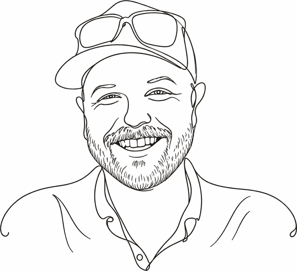 Line drawing of Kyle, grinning in a cap with sunglasses
