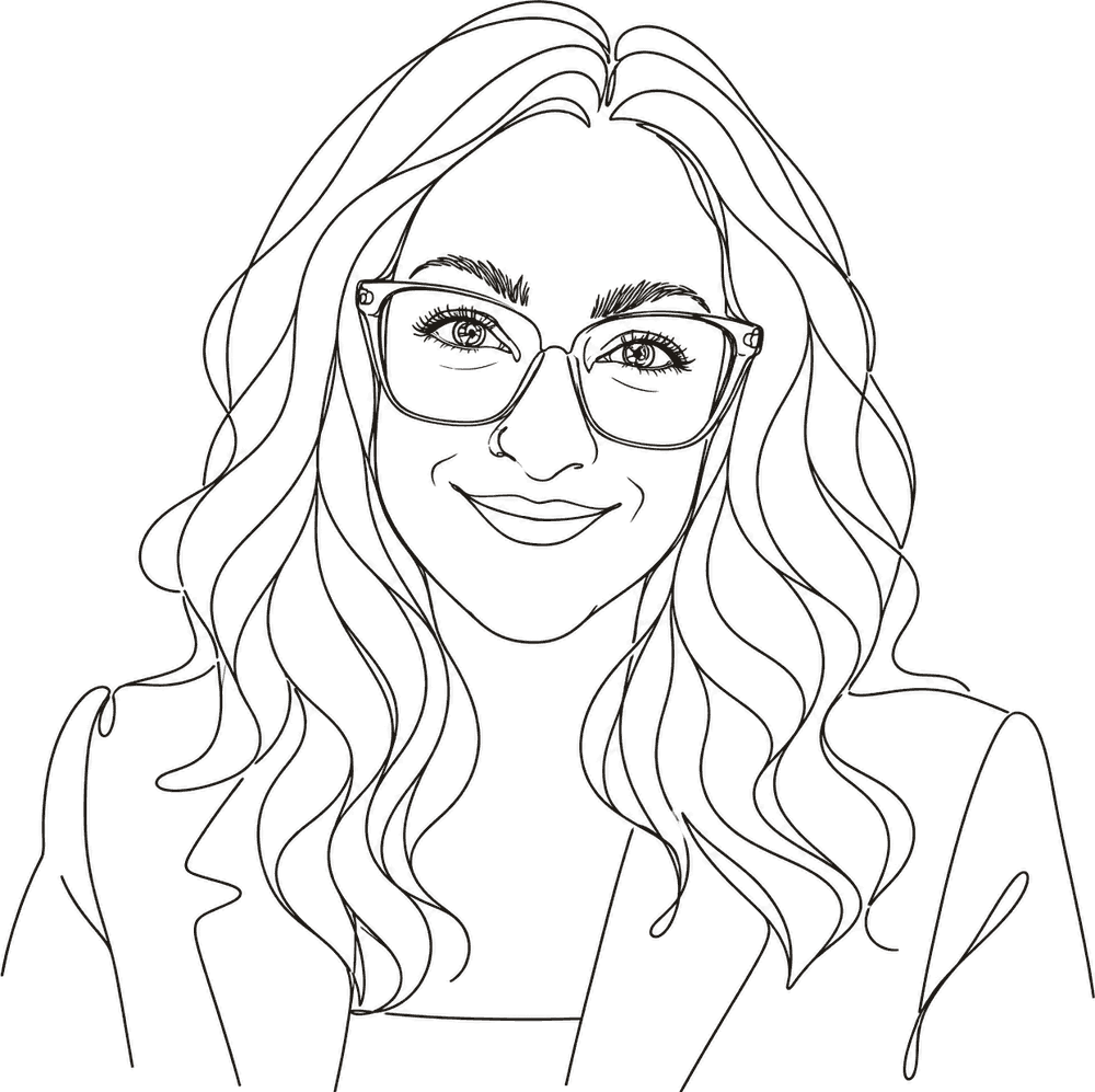 Line drawing of Stef, smiling, with long wavy hair and glasses